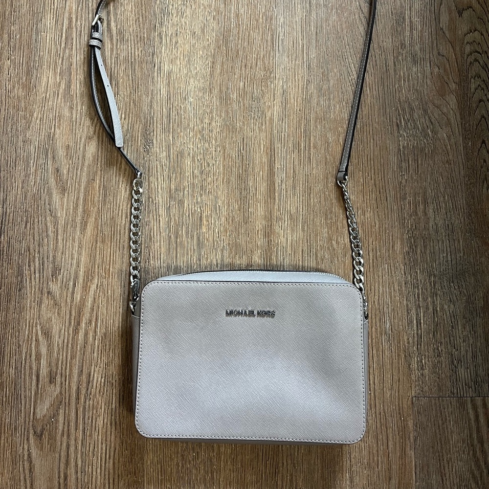Michael Kors Light Beige Crossbody with Silver Chain Strap